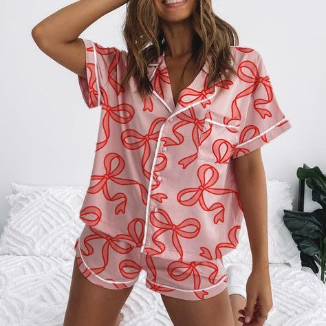 Damen Kurzarm-Pyjama-Set mit verspieltem Schleifenmuster R&B