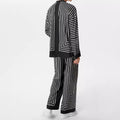 Damen nan gestreiftes Lounge-Zweiteiler mit Stehkragen knöpfbarer Hemdjacke und gerader Pyjamahose R&B