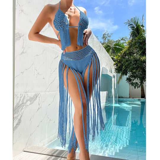 Damen Häkel-Bikini-Set mit fransigen Details und reizvoller Lochstruktur R&B
