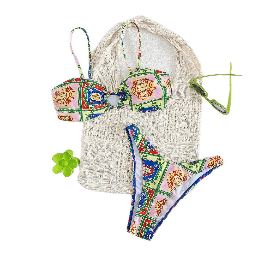 Damen Bikini mit elegantem Bandeau-Schnitt und buntem Muster R&B