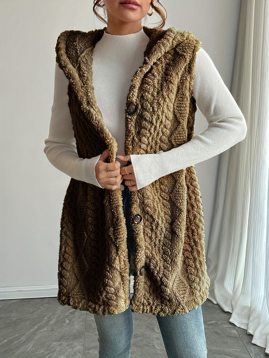 Damen Kuschelige Fleece-Weste mit Kapuze und Knopfverschluss R&B