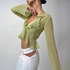 Damen Transparente Langarmbluse mit Rüschen und Bindegürtel R&B