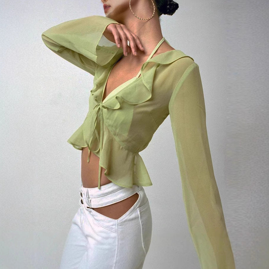 Damen Transparente Langarmbluse mit Rüschen und Bindegürtel R&B