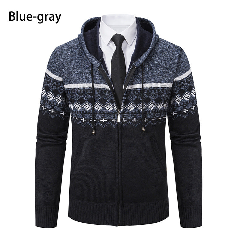 Herren stilvolle Strickjacke mit Kapuze und Norweger-Muster R&B