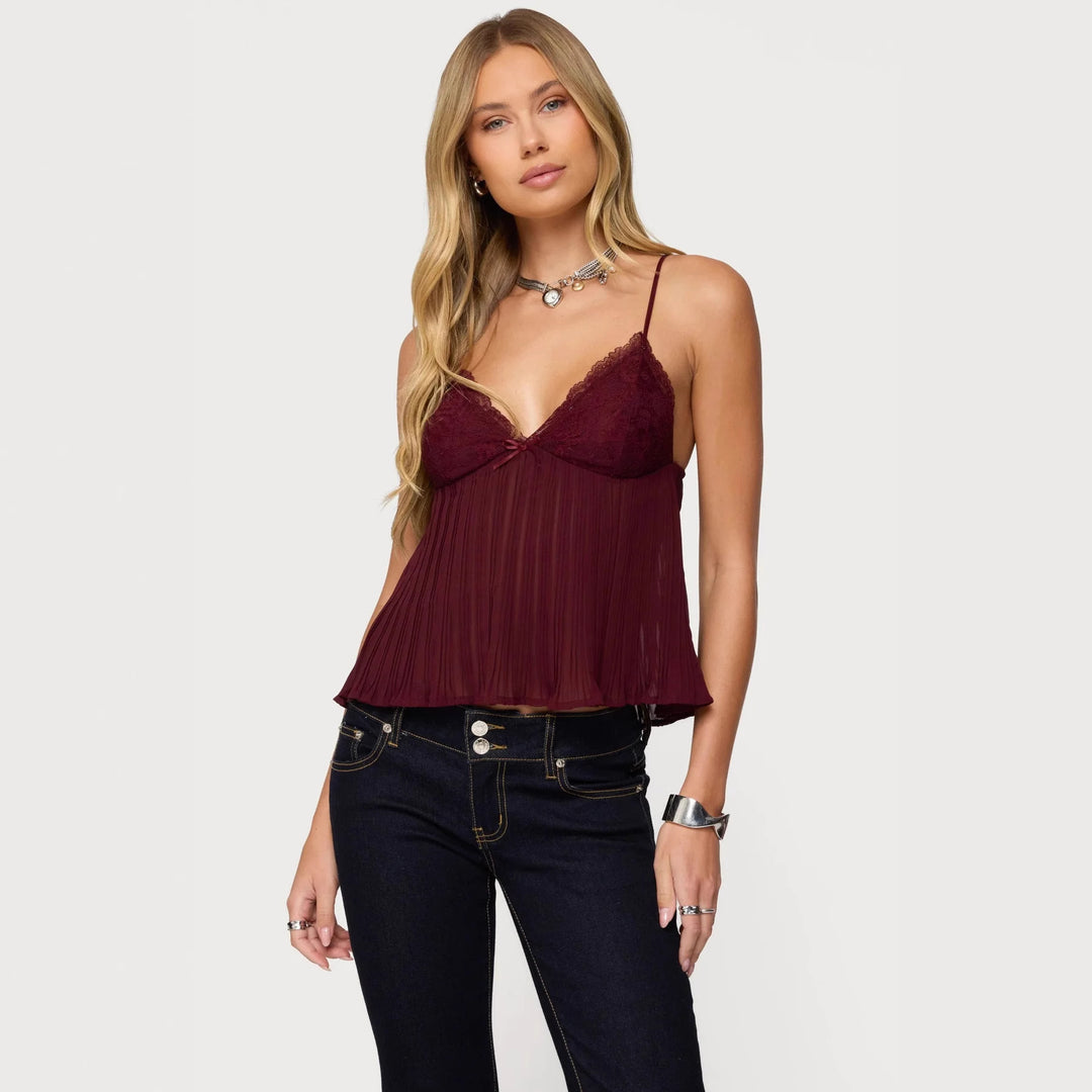 Damen Chiffon Top mit Spitzenakzenten und plissiertem Design R&B
