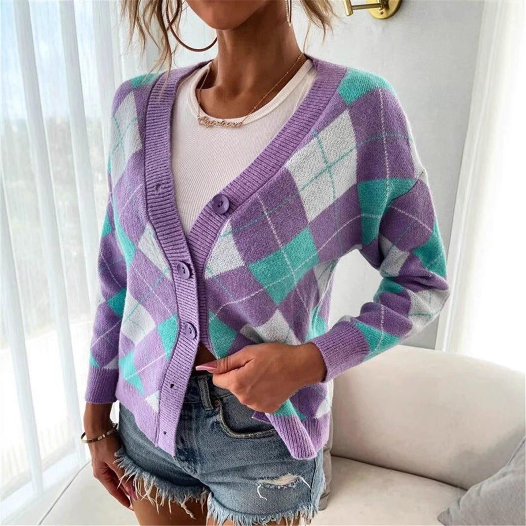 Damen Karierte Strickjacke mit Knöpfen und V-Ausschnitt R&B
