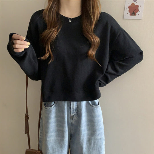 Damen lässiger cropped Pullover aus weichem Baumwollmix mit modischem Rundhalsausschnitt R&B