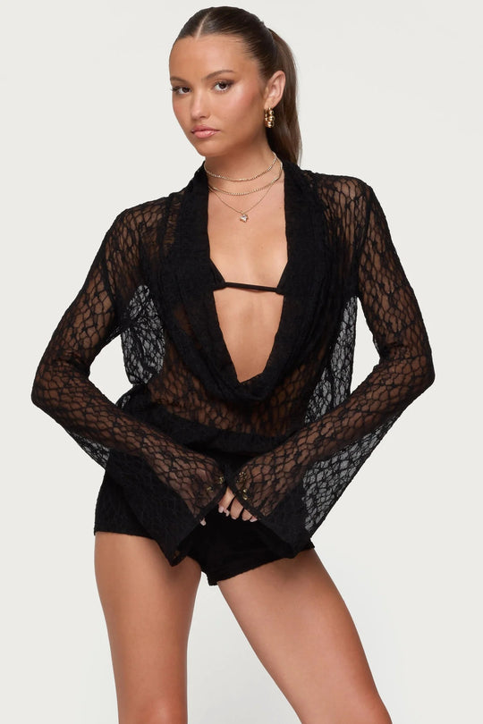 Damen Transparente Spitze Bluse mit tiefem V-Ausschnitt und weit ausgestellten Ärmeln R&B