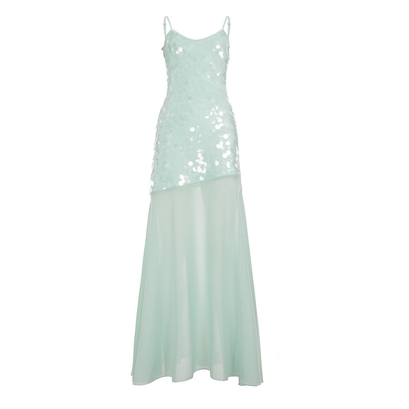 Damen Maxikleid mit glitzernden Pailletten und fließendem Rock R&B
