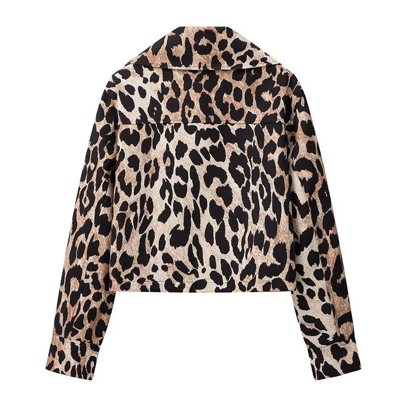 Damen Cropped Jacke im Leopardenmuster mit Druckknöpfen R&B