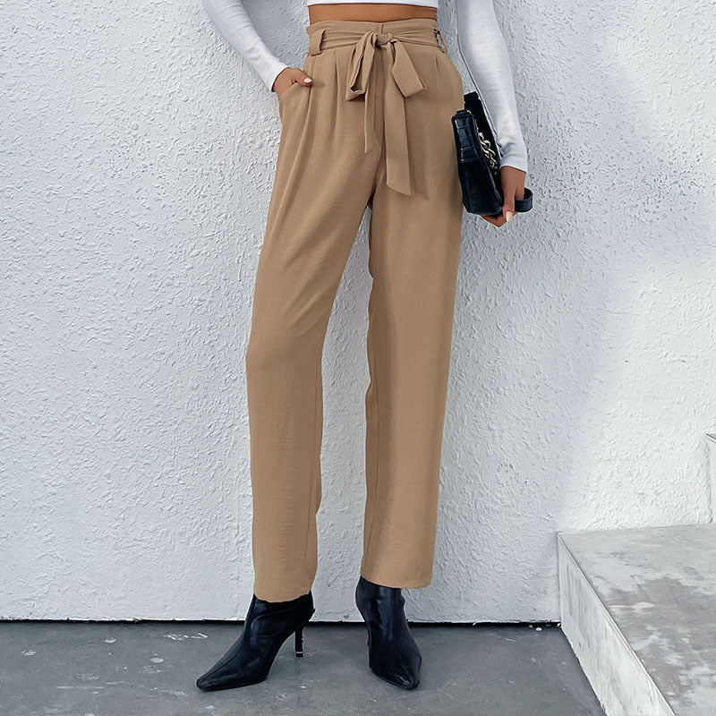 Damen elegante Hochbundhose mit Bindegürtel
