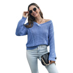 Damen Grobstrickpullover mit tiefem V-Ausschnitt und modernem Zopfmuster R&B