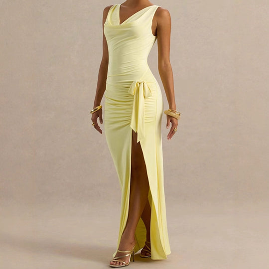 Damen Elegantes Abendkleid mit tiefem V-Ausschnitt und seitlichen Rüschendetails R&B