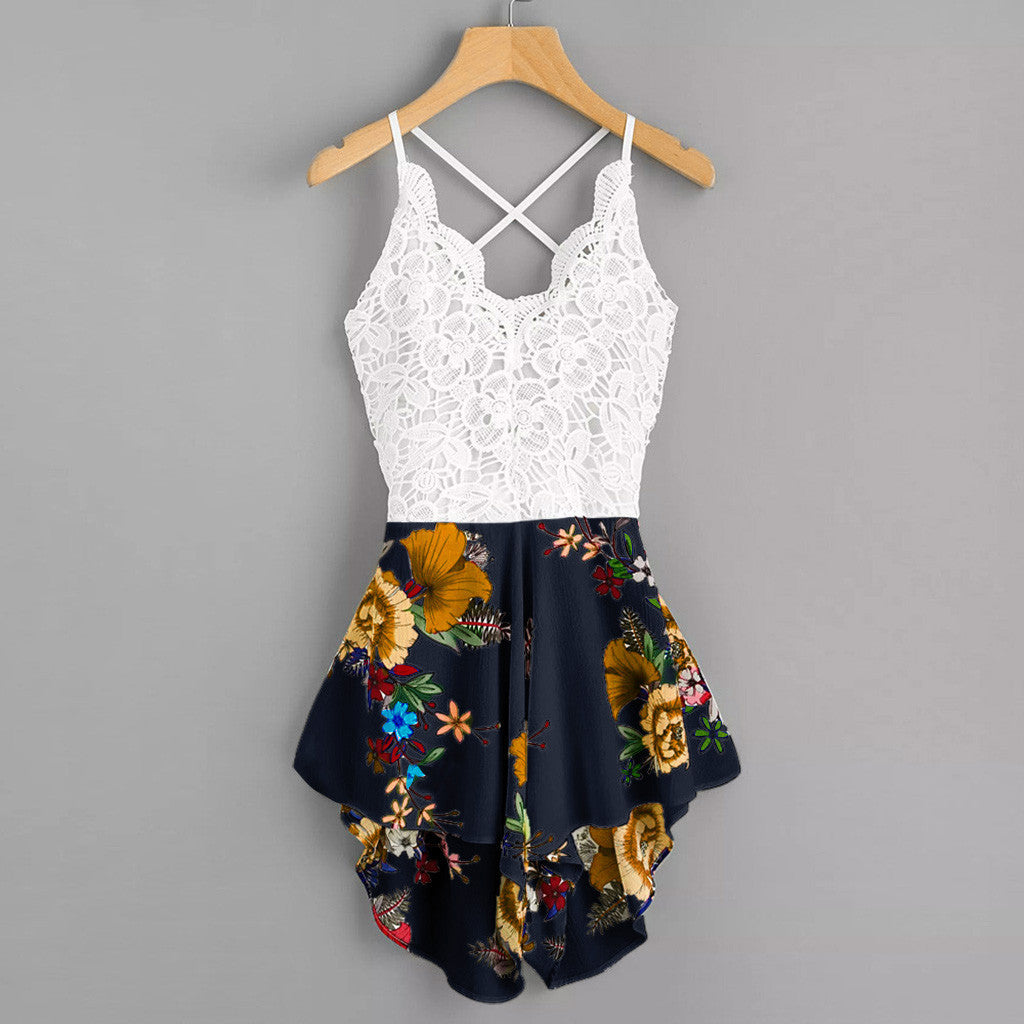 Damen elegantes Blumenkleid mit Spaghettiträgern und Rüschendetails R&B