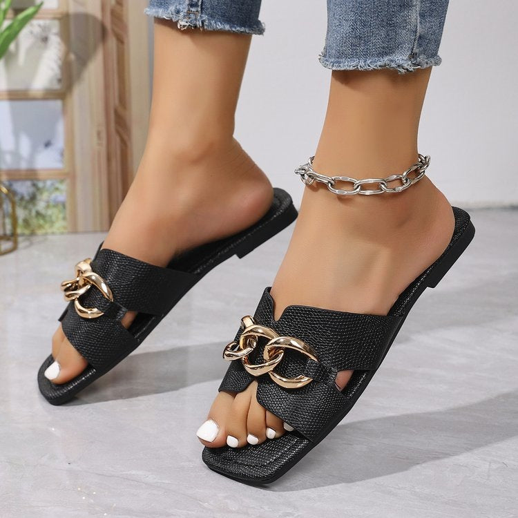 Damen Modische Riemensandalen mit metallischem Kettenband R&B
