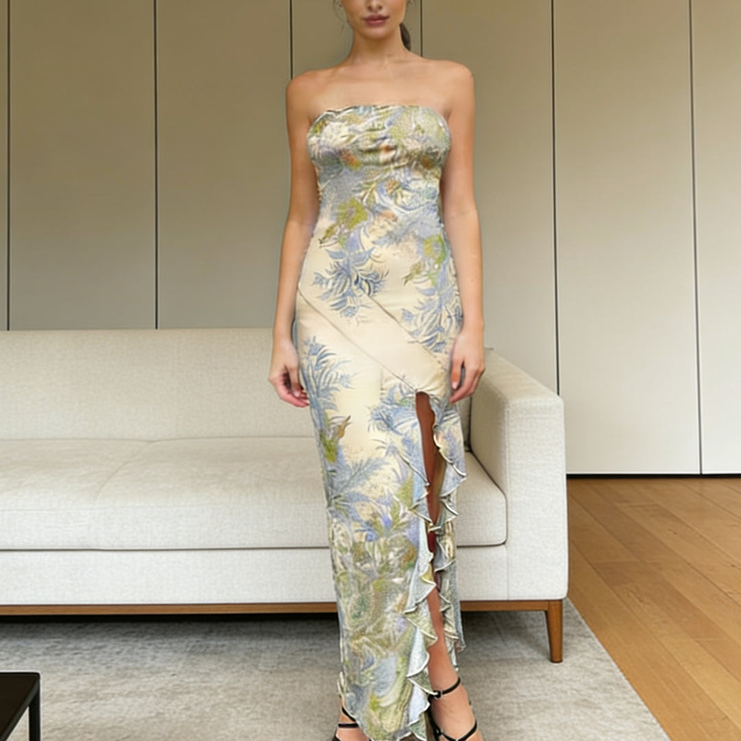 Damen Strapless Maxikleid mit Rüschen und floralem Muster R&B