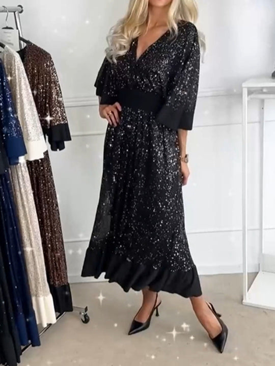 Damen Glitzerndes Maxikleid im eleganten A-Linie Schnitt mit voluminösen Ärmeln Heidi-Mode