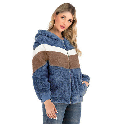 Damen Fleecejacke mit kontrastierenden Streifen und Kapuze