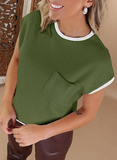 Damen stylisches Kurzarmshirt mit Brusttasche und kontrastierenden Details R&B