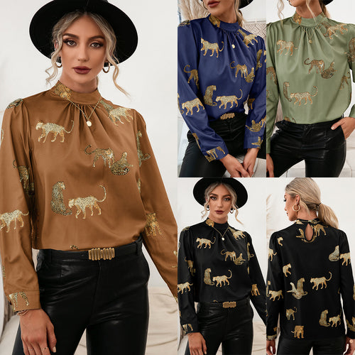 Damen Bluse mit glamourösem Tierdruck und eleganter Stehkragenform R&B