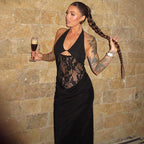 Damen Elegantes Maxikleid mit Halterneck, Spitzenverzierung und figurbetontem Schnitt R&B