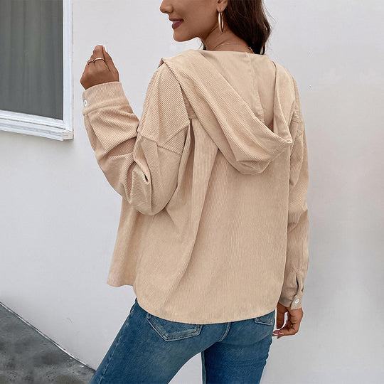 Damen Cordjacke mit Kapuze und Knopfverschluss R&B