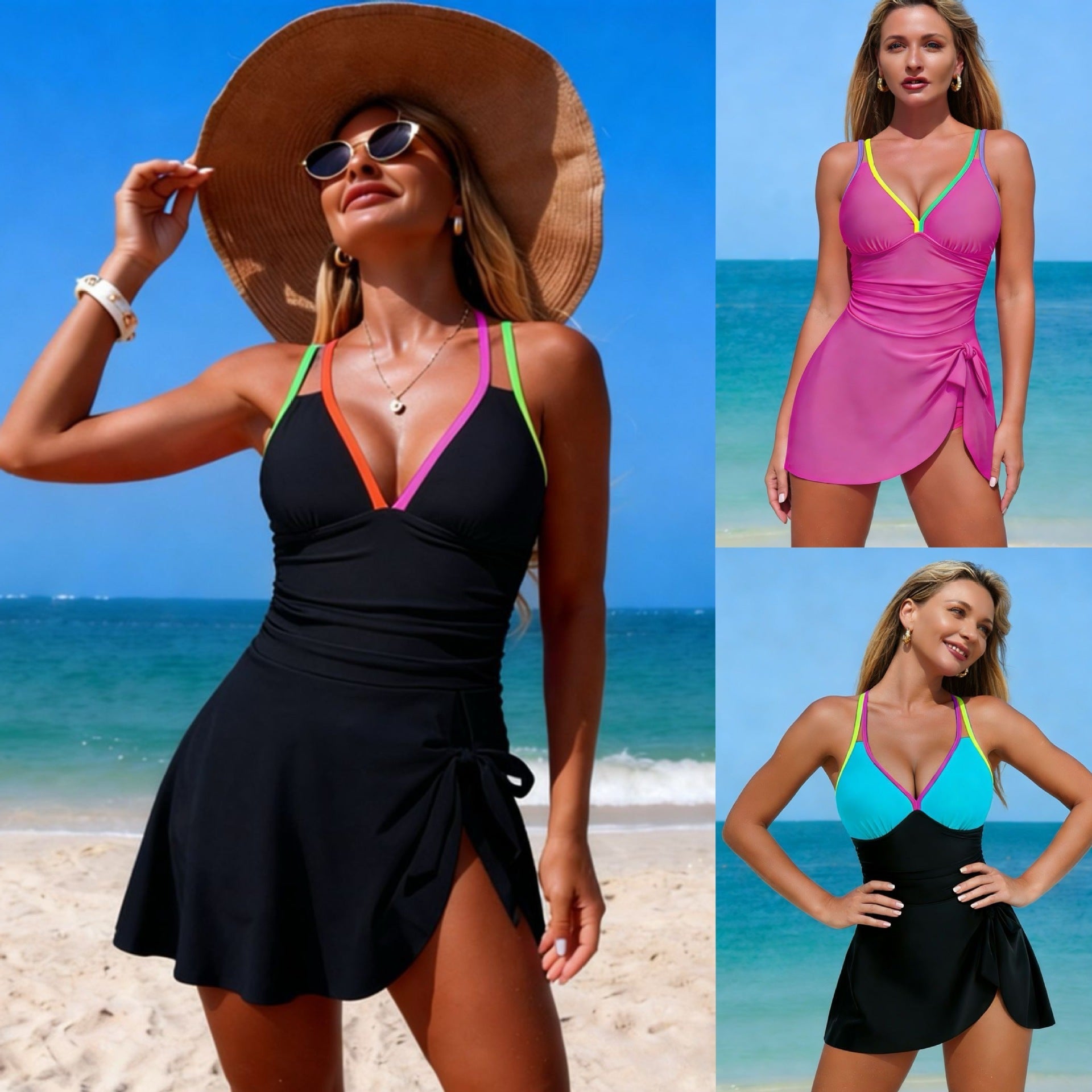 Damen Tankini mit modischem Wickelrock und bunten Akzenten R&B