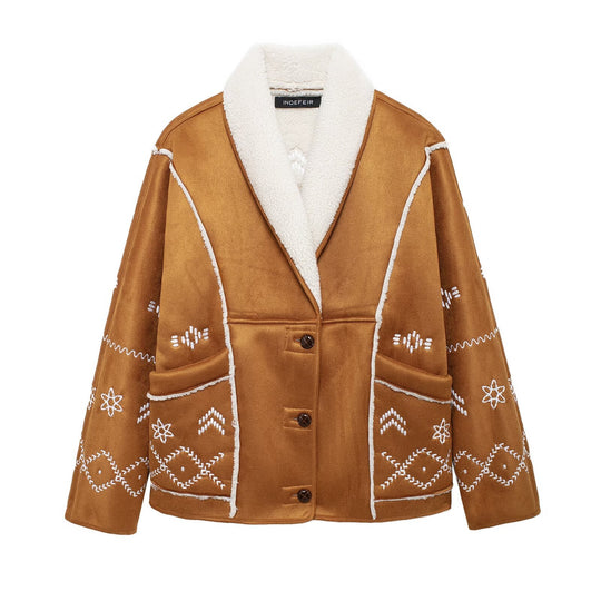 Damen modische Jacke mit gestickt und eleganter Teddykragen R&B