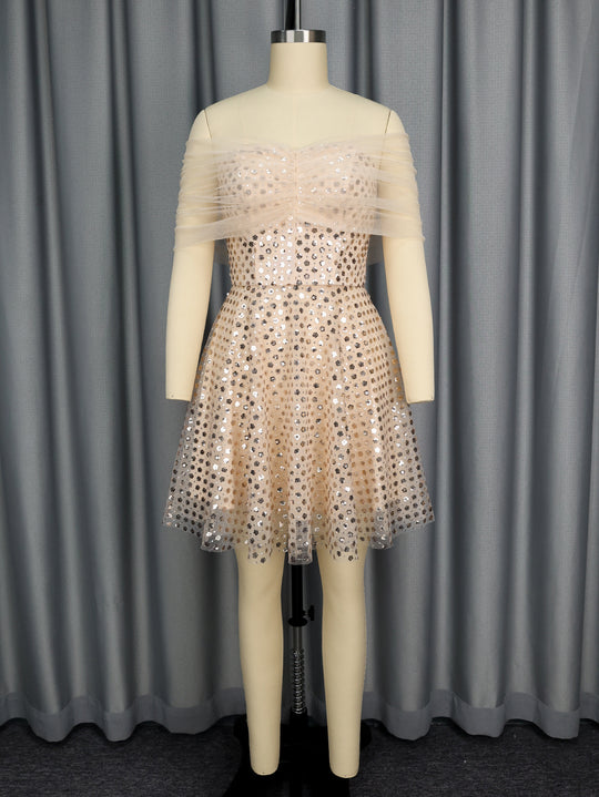 Damen Glamouröses Cocktailkleid mit transparentem Tüllüberzug und funkelnden Pailletten R&B
