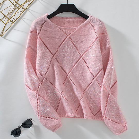 Damen modischer Pullover mit aufwendigem Strickdesign und Glitzerelementen R&B