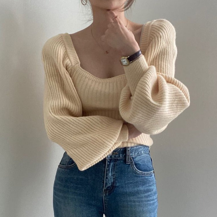 Damen Ripp-Strickpullover mit Puffärmeln R&B