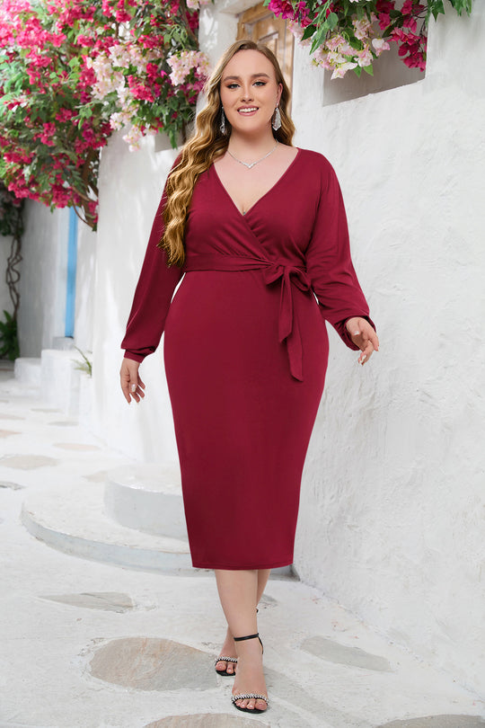 Damen Elegantes Wickelkleid mit taillierter Silhouette und langem Arm R&B
