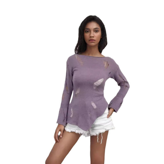 Damen lockerer Strickpullover mit modischen Auschnitten und weitem Schnitt R&B