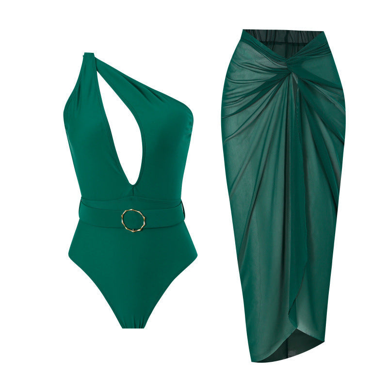 Damen Einteiliger Badeanzug mit asymmetrischem Schnitt und Wickelrock R&B