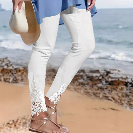Damen Leggings mit spitzenbesetztem Saum und elastischem Bund R&B