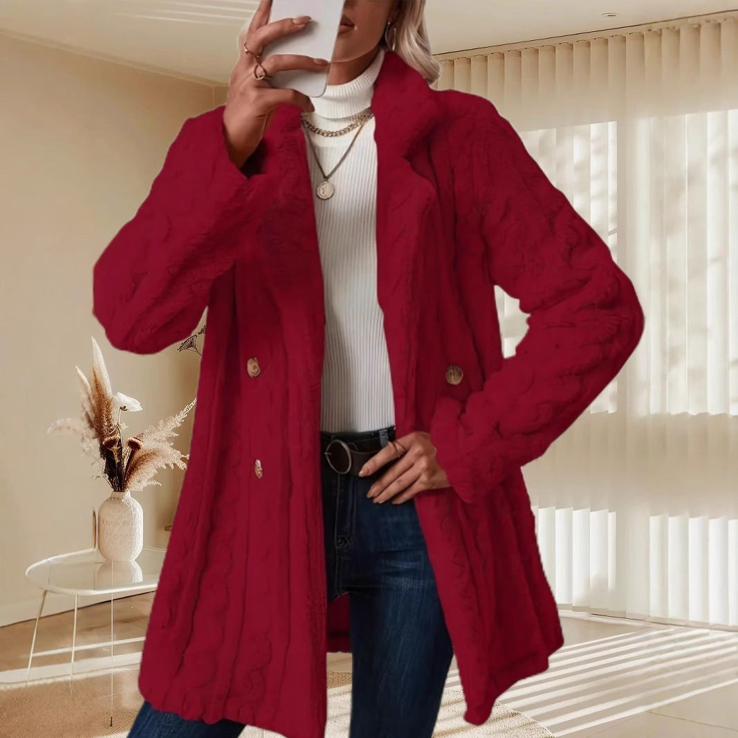 Damen Modischer Grober Strickmantel mit doppelt geknöpften Details R&B