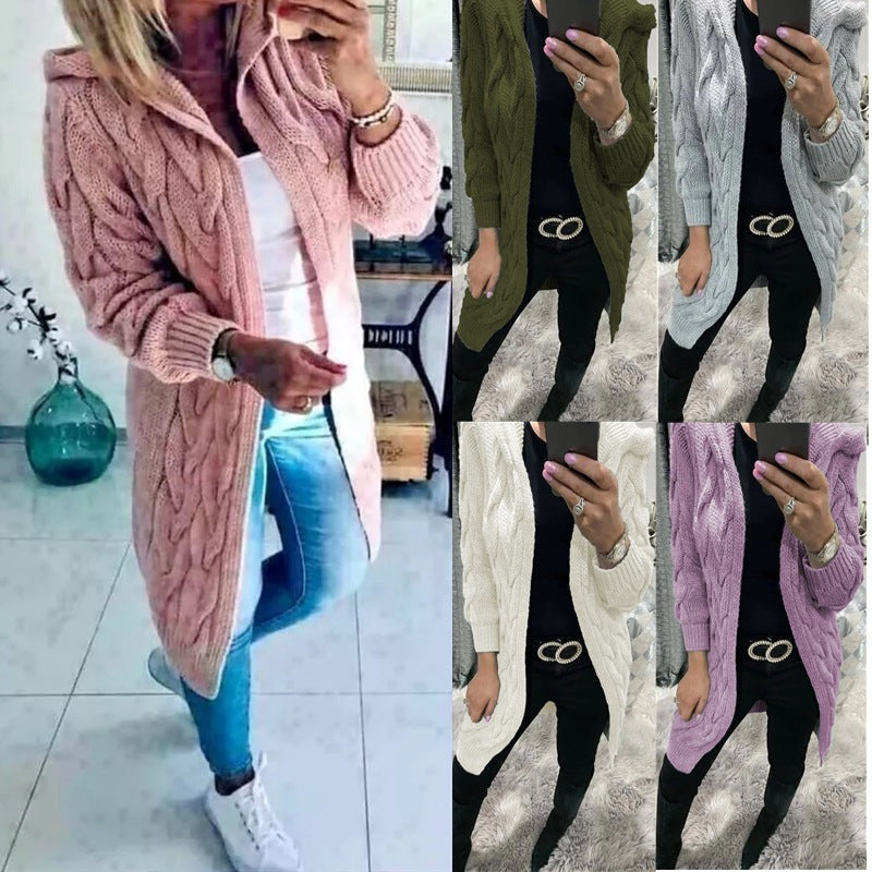 Damen Grobstrick-Cardigan mit Kapuze und Zopfmuster R&B