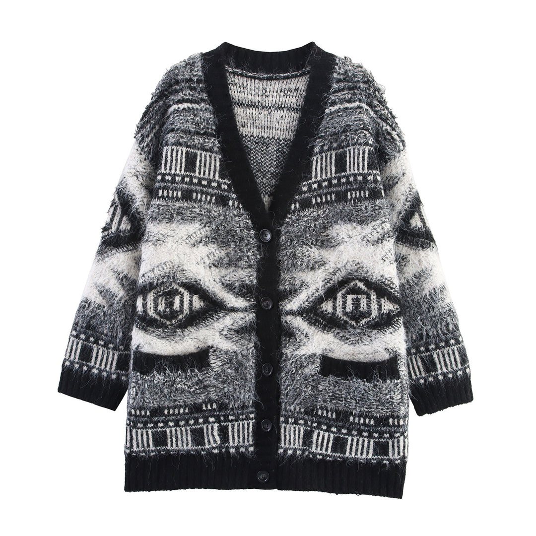 Damen Gemusterter Langarm-Cardigan mit Knopfleiste R&B