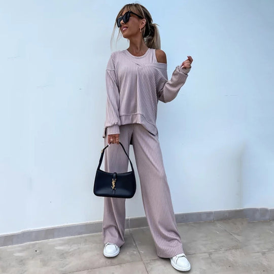 Damen lässiges Rippstrick-Set mit asymmetrischen Ausschnitten R&B