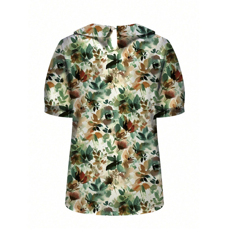 Damen Kurzarmbluse mit floralen Akzenten und klassischem Kragen R&B