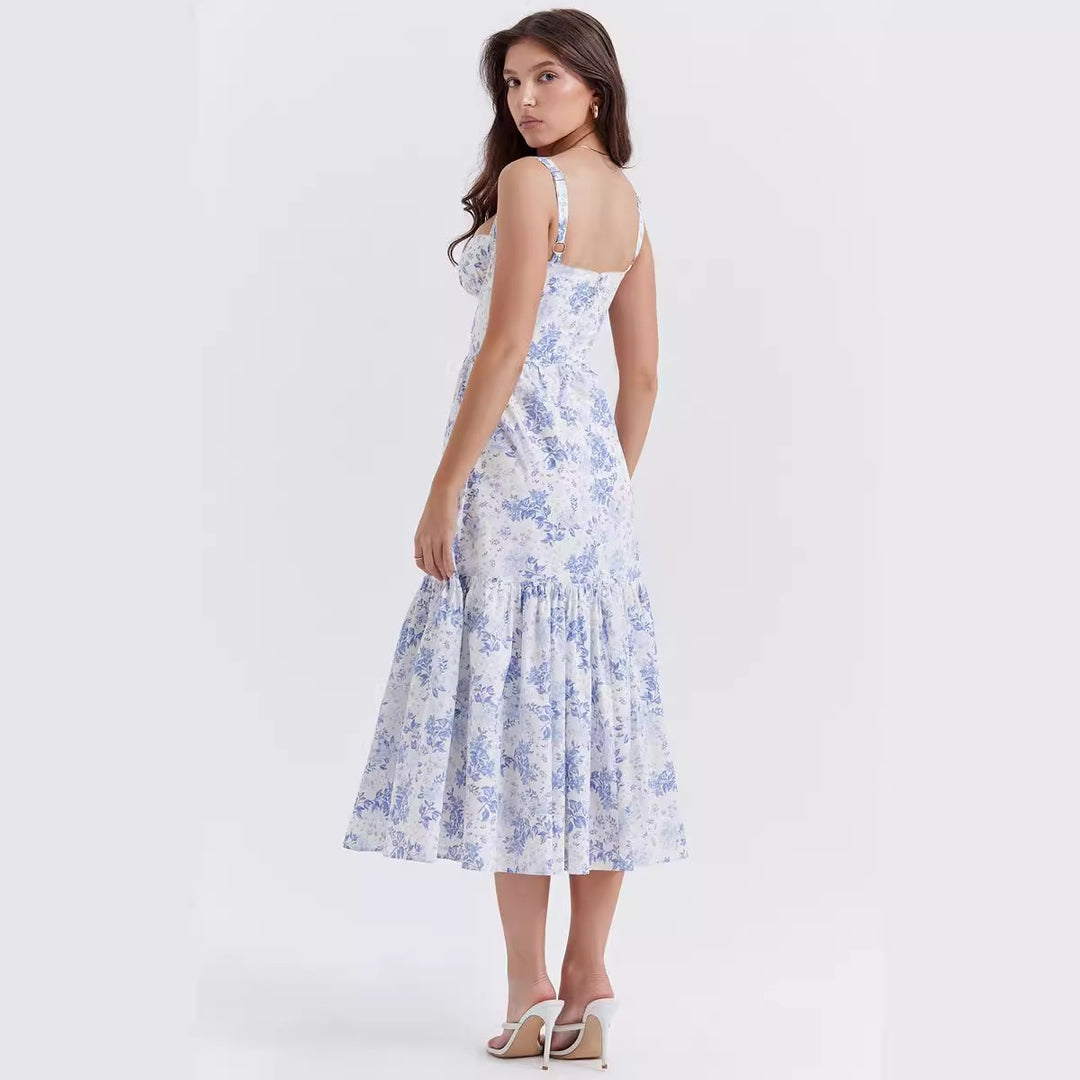 Damen Boho Maxikleid mit romantischem Blumendruck und voluminösem Rock R&B