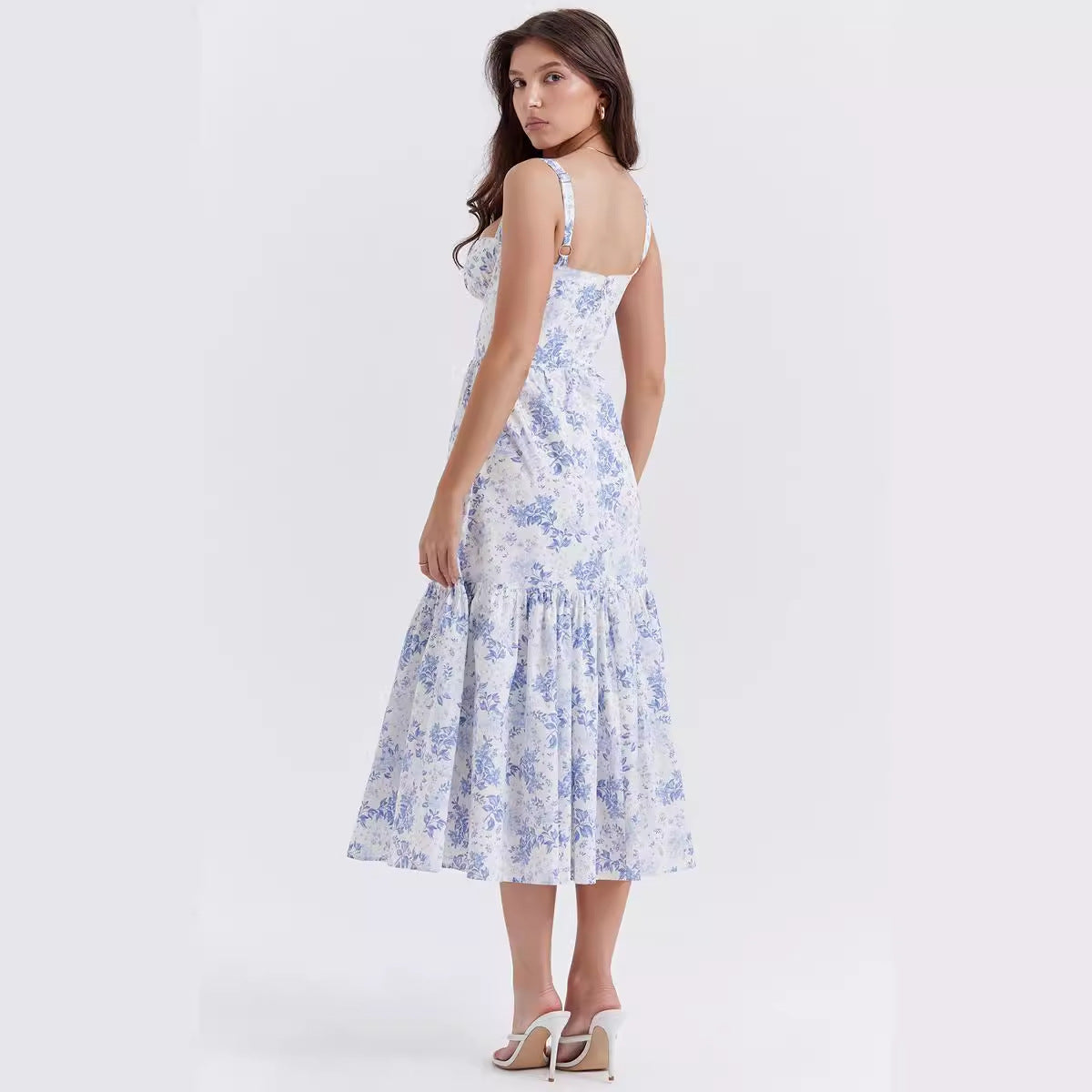 Damen Boho Maxikleid mit romantischem Blumendruck und voluminösem Rock R&B