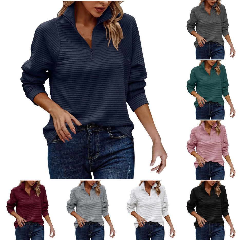 Damen Modischer Waffle-Pullover mit Stehkragen und Reißverschluss R&B