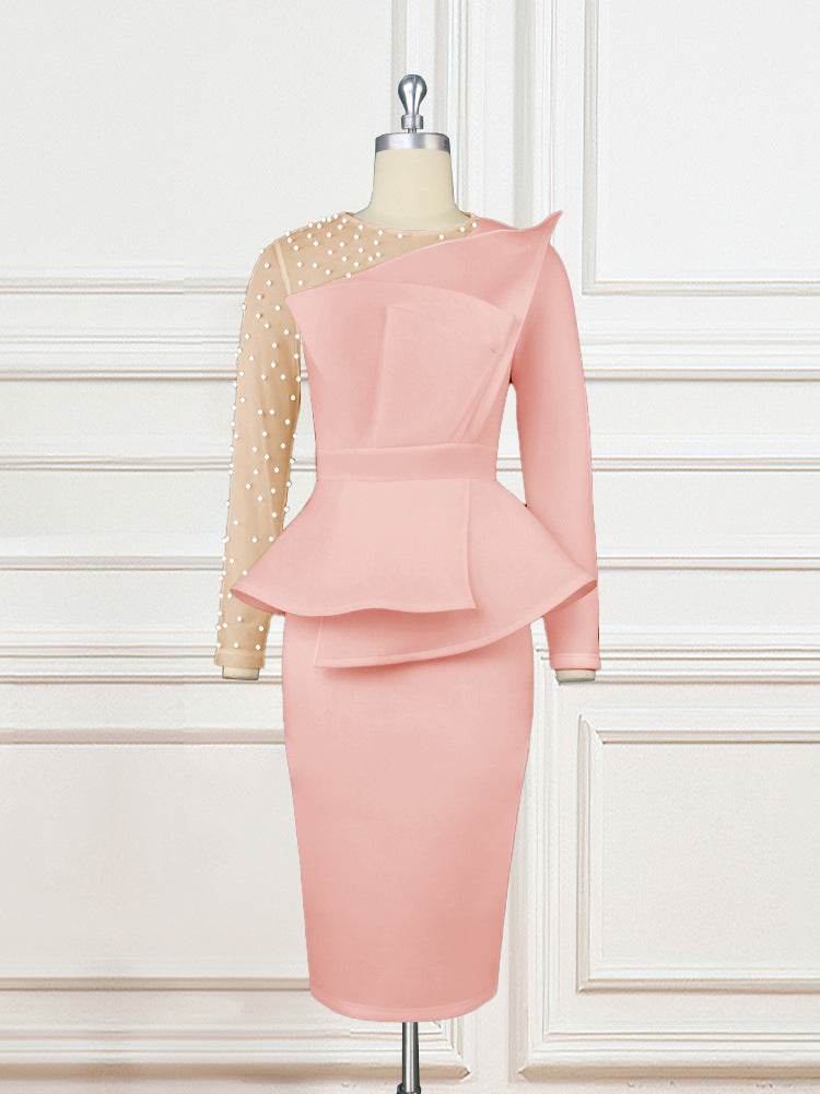 Damen figurbetontes Abendkleid mit transparenten Puffärmeln und voluminösem Oberteil R&B