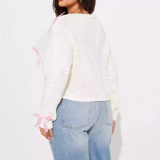 Damen Süßer Strickpullover mit Schleifen-Applikationen R&B