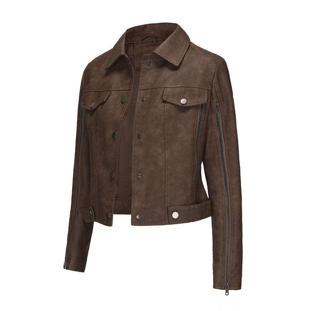 Damen modische Shortjacke aus Kunstleder mit Reißverschlussdetails R&B