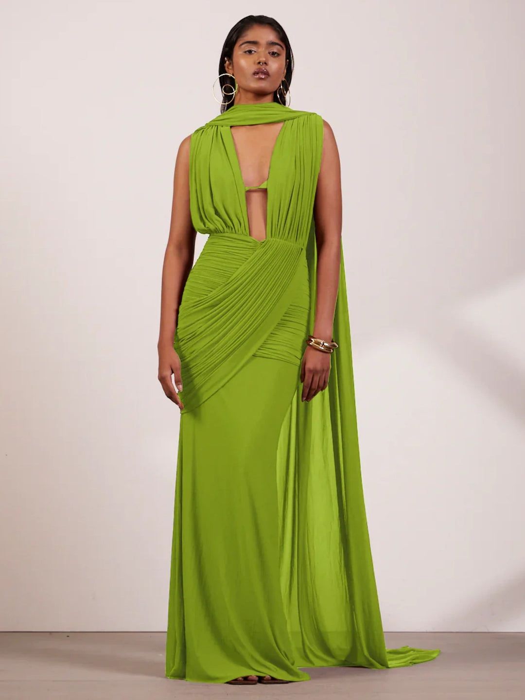Damen bodenlanges Wickelkleid mit raffinierten Drapierungsdetails und elegantem V-Ausschnitt R&B