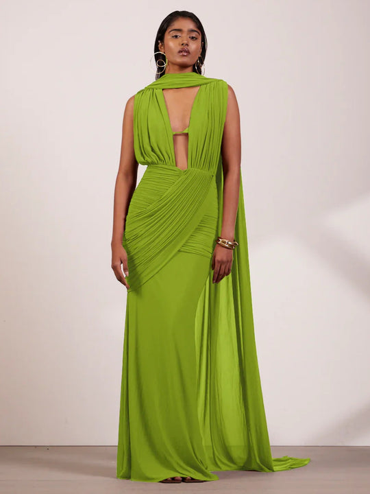 Damen bodenlanges Wickelkleid mit raffinierten Drapierungsdetails und elegantem V-Ausschnitt R&B