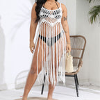 Damen gehäkelter Strandüberwurf mit fransenverziertem Design R&B