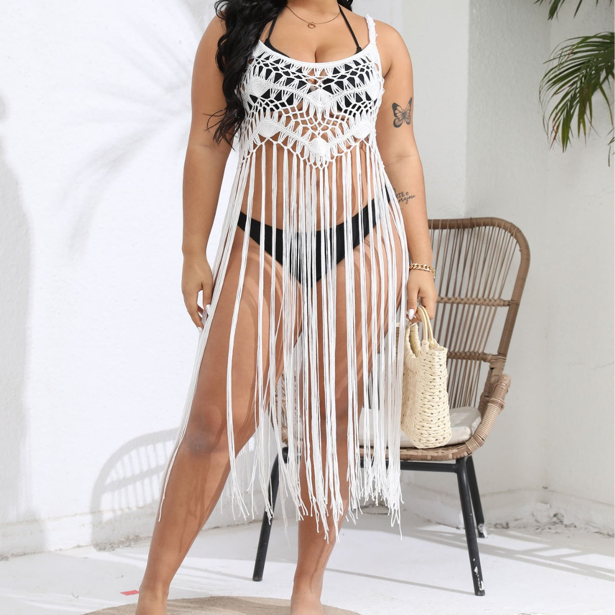 Damen gehäkelter Strandüberwurf mit fransenverziertem Design R&B